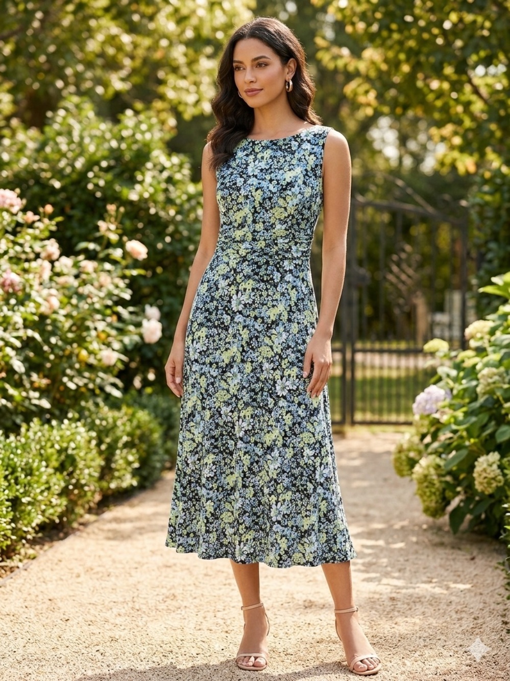 connected apparel Blue and Green Floral Midi Dress